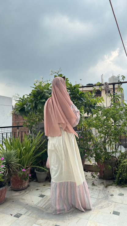 Elegant Pastel Striped Maxi Dress with Belt – Modest Wear