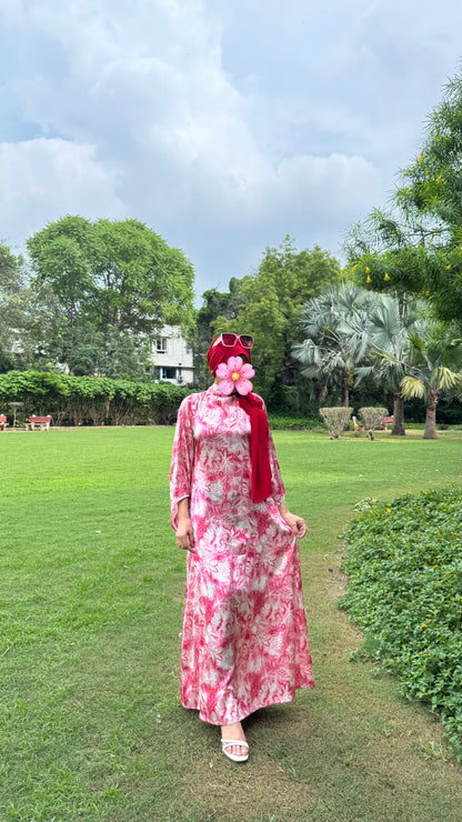 Elegant Red & White Floral Dress – Modest Maxi Dress