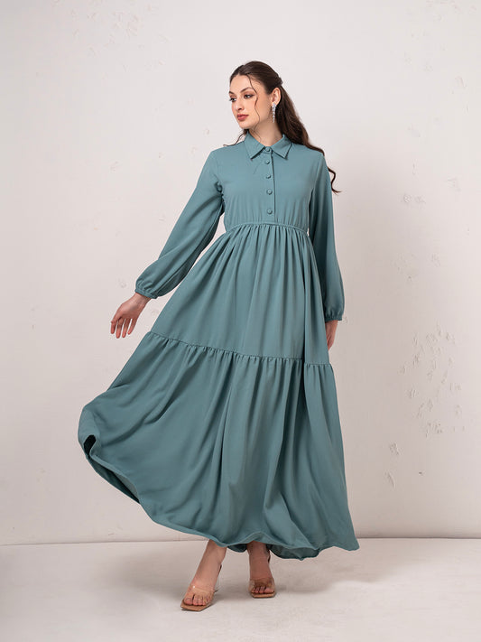 Elegant Teal Modest Maxi Tier Flare Dress with Button Detail