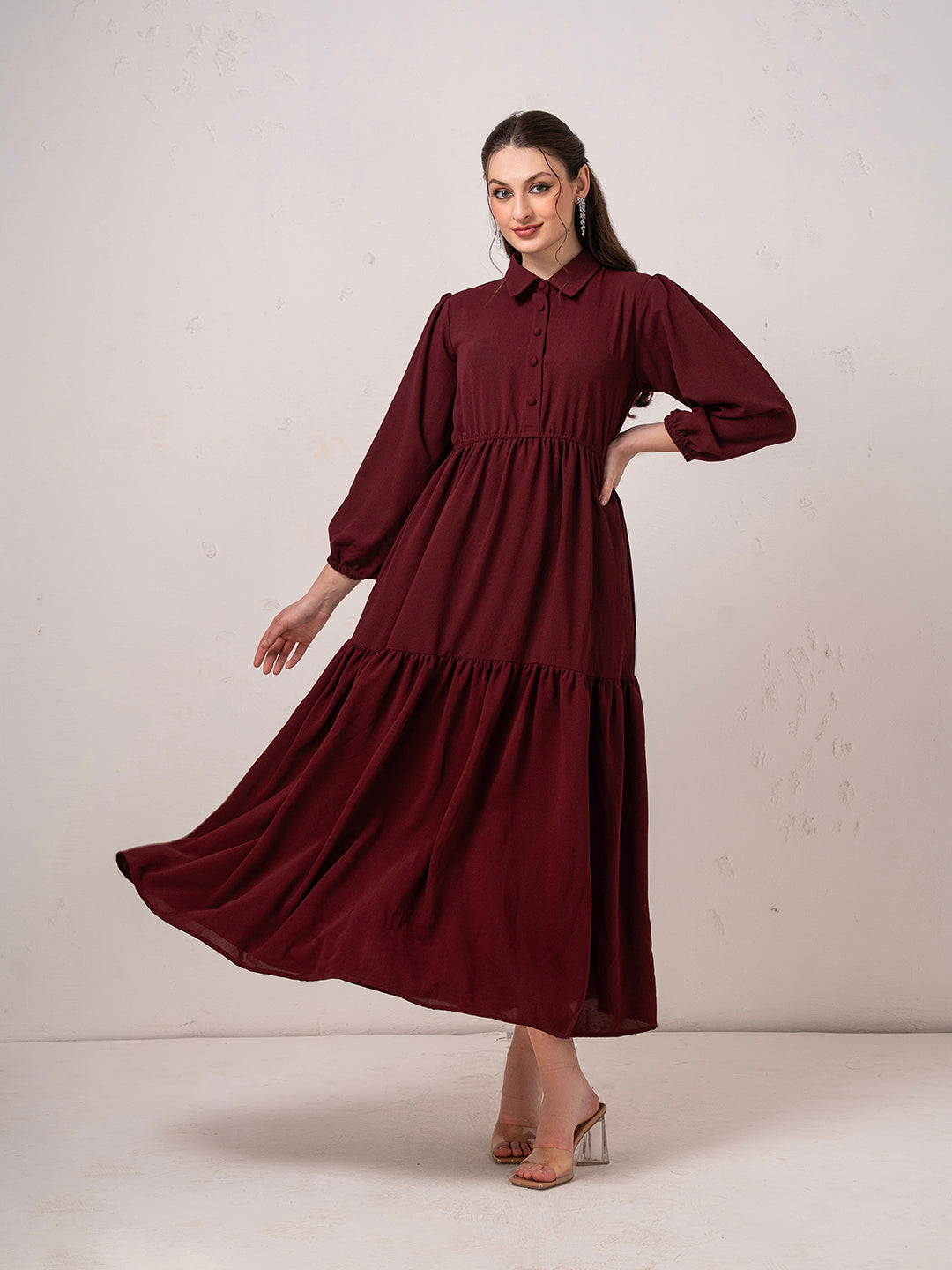 Classic Burgundy Modest Tier Flare Maxi  Dress  with Button Detail