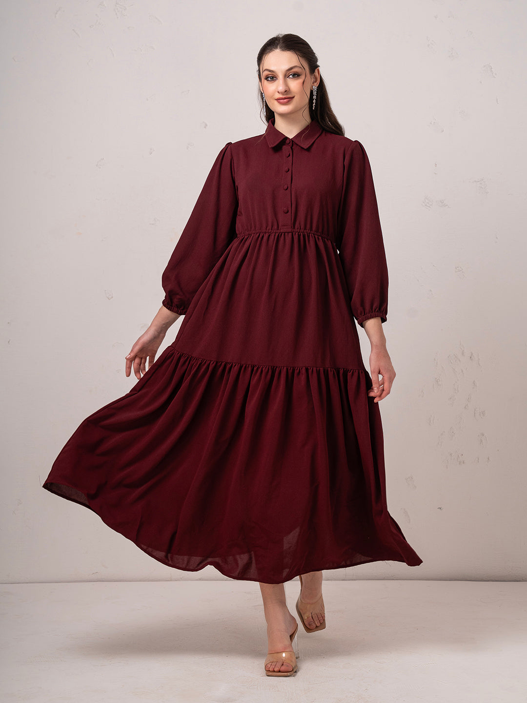 Classic Burgundy Modest Tier Flare Maxi  Dress  with Button Detail