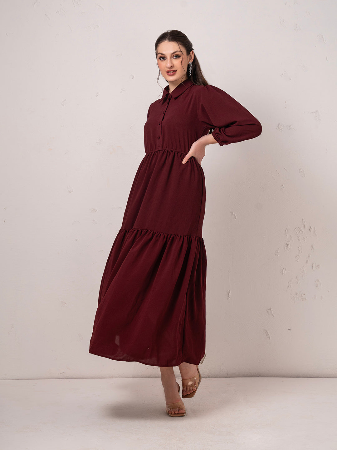 Classic Burgundy Modest Tier Flare Maxi  Dress  with Button Detail