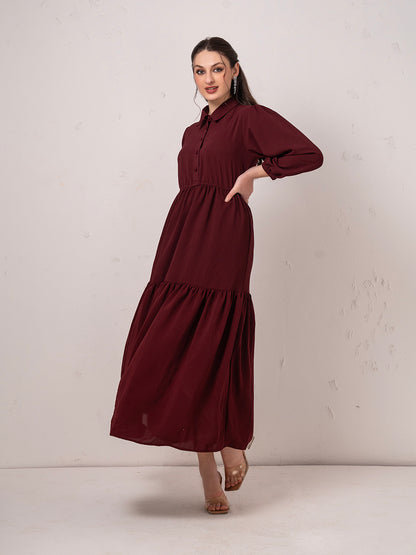 Classic Burgundy Modest Tier Flare Maxi  Dress  with Button Detail