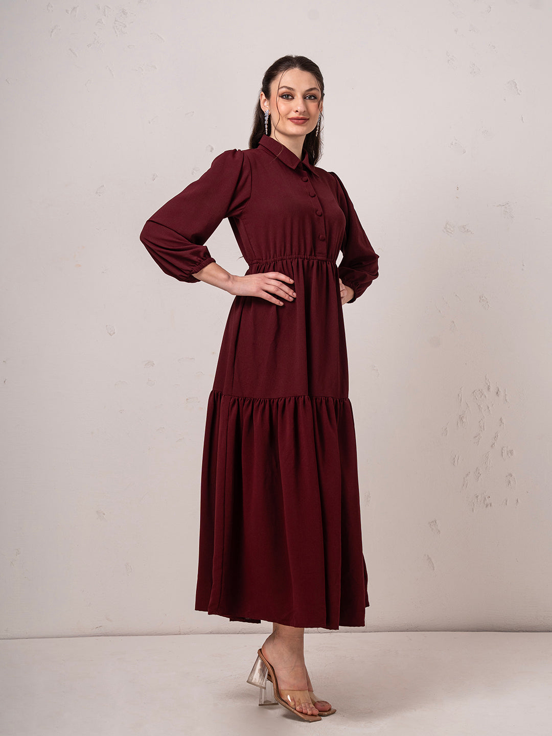 Classic Burgundy Modest Tier Flare Maxi  Dress  with Button Detail