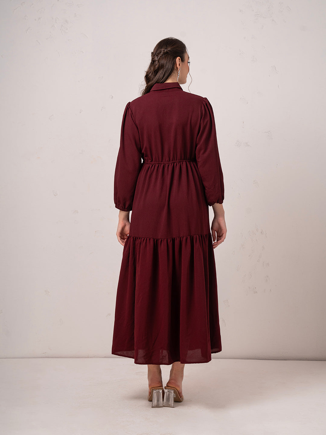 Classic Burgundy Modest Tier Flare Maxi  Dress  with Button Detail