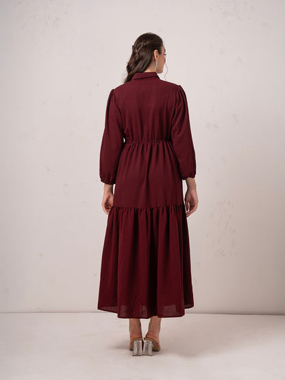 Classic Burgundy Modest Tier Flare Maxi  Dress  with Button Detail