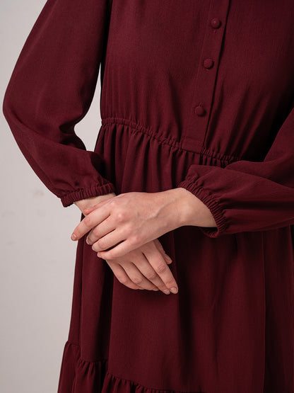Classic Burgundy Modest Tier Flare Maxi  Dress  with Button Detail