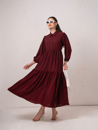 Classic Burgundy Modest Tier Flare Maxi  Dress  with Button Detail