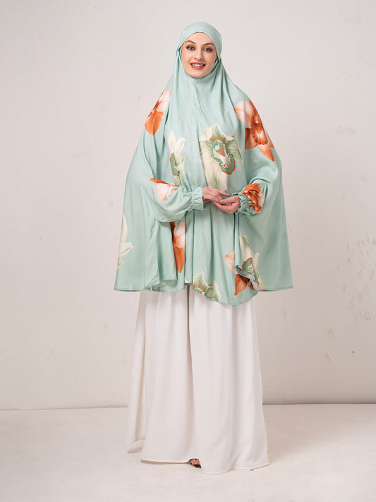 Mint Green Floral Namaz Dupatta – Graceful One-Piece Prayer Wear