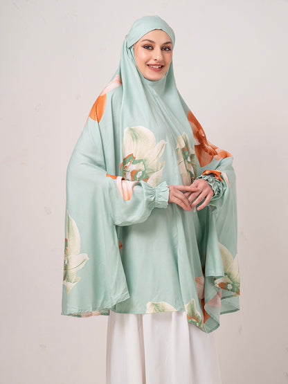 Mint Green Floral Namaz Dupatta – Graceful One-Piece Prayer Wear
