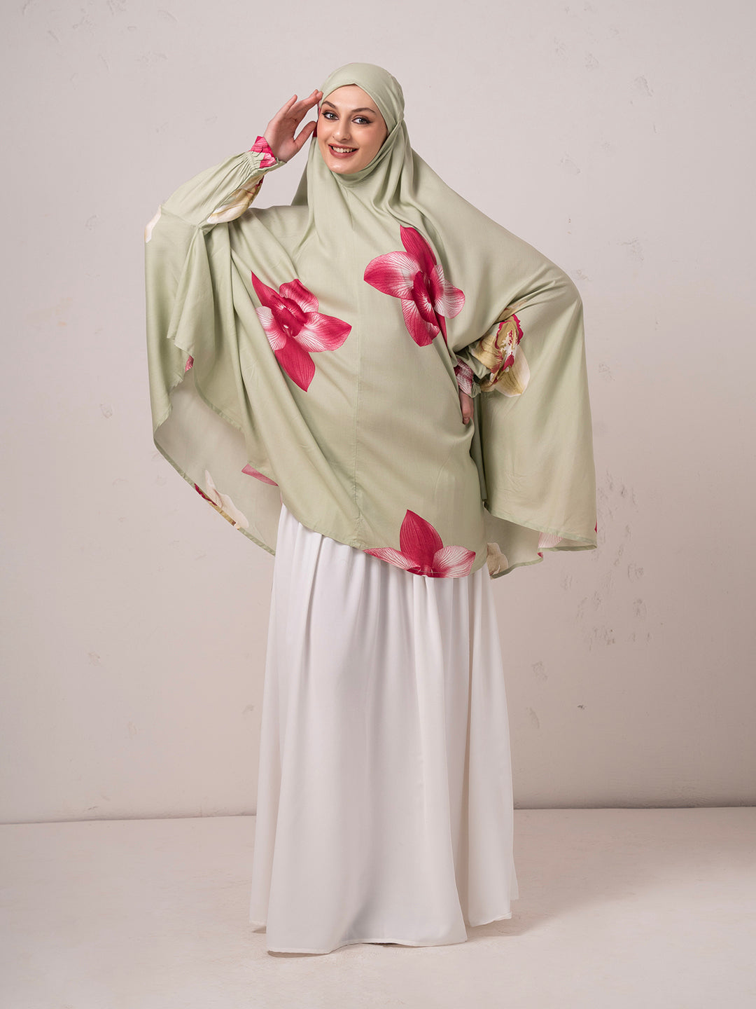 Floral Namaz Dupatta – Sage Green with Rose Print
