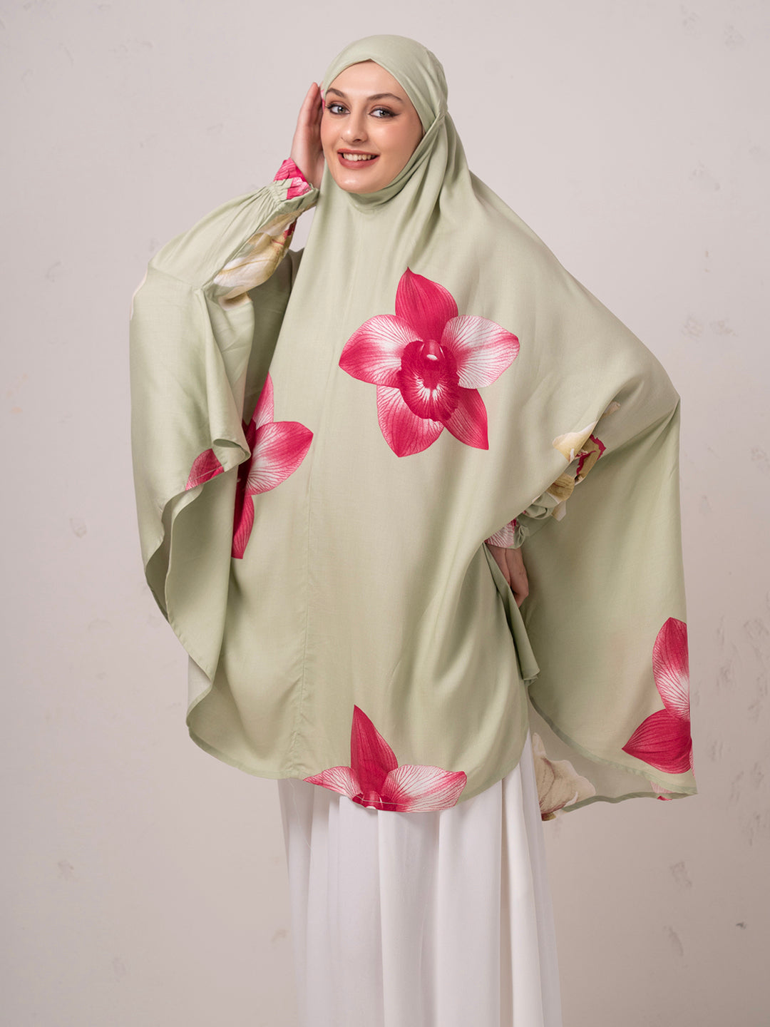 Floral Namaz Dupatta – Sage Green with Rose Print