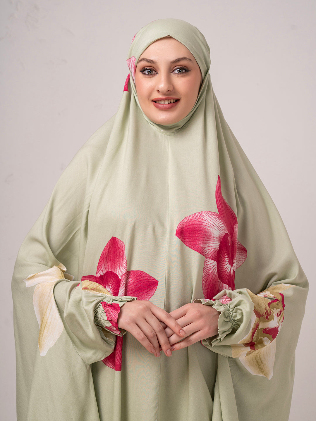 Floral Namaz Dupatta – Sage Green with Rose Print