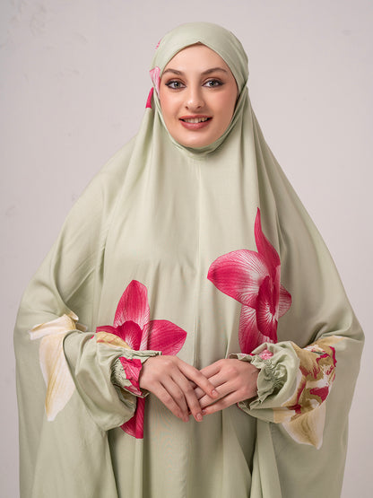 Floral Namaz Dupatta – Sage Green with Rose Print
