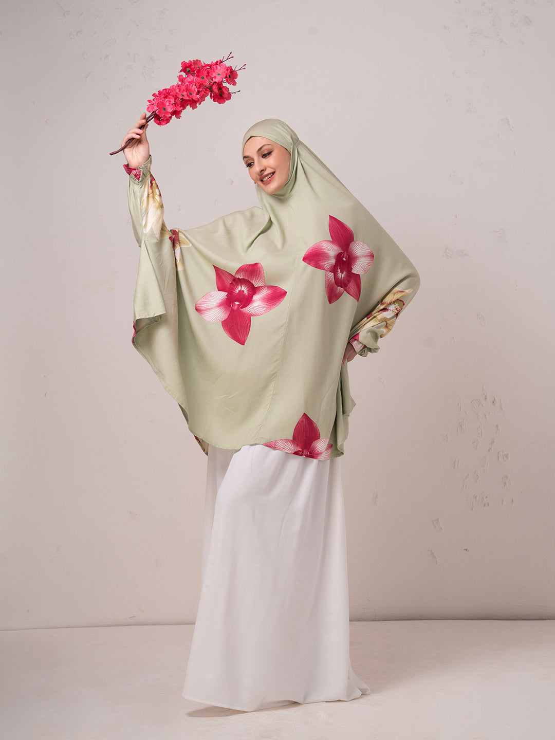 Floral Namaz Dupatta – Sage Green with Rose Print