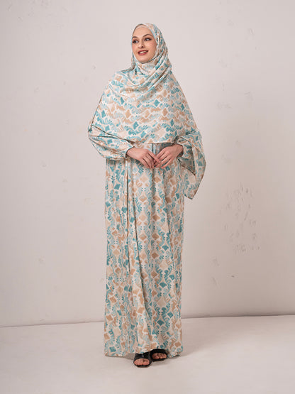 Modest Printed prayer gown cum Abaya  with Matching Headscarf – Teal & Beige