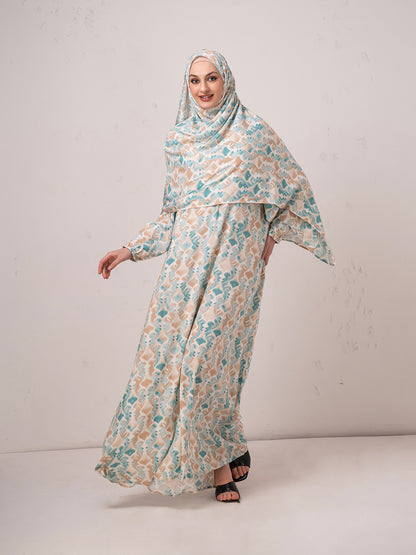 Modest Printed prayer gown cum Abaya  with Matching Headscarf – Teal & Beige