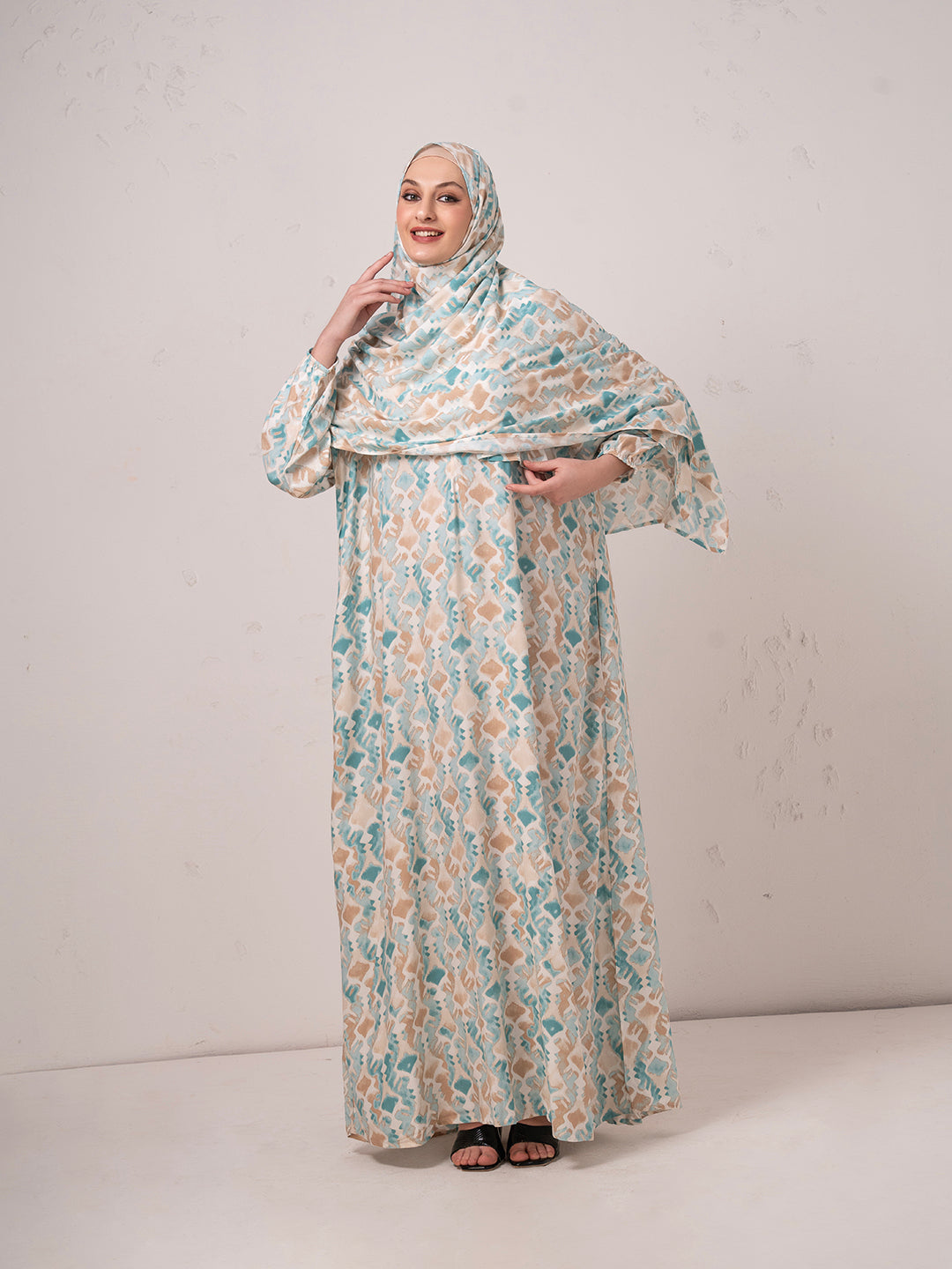 Modest Printed prayer gown cum Abaya  with Matching Headscarf – Teal & Beige