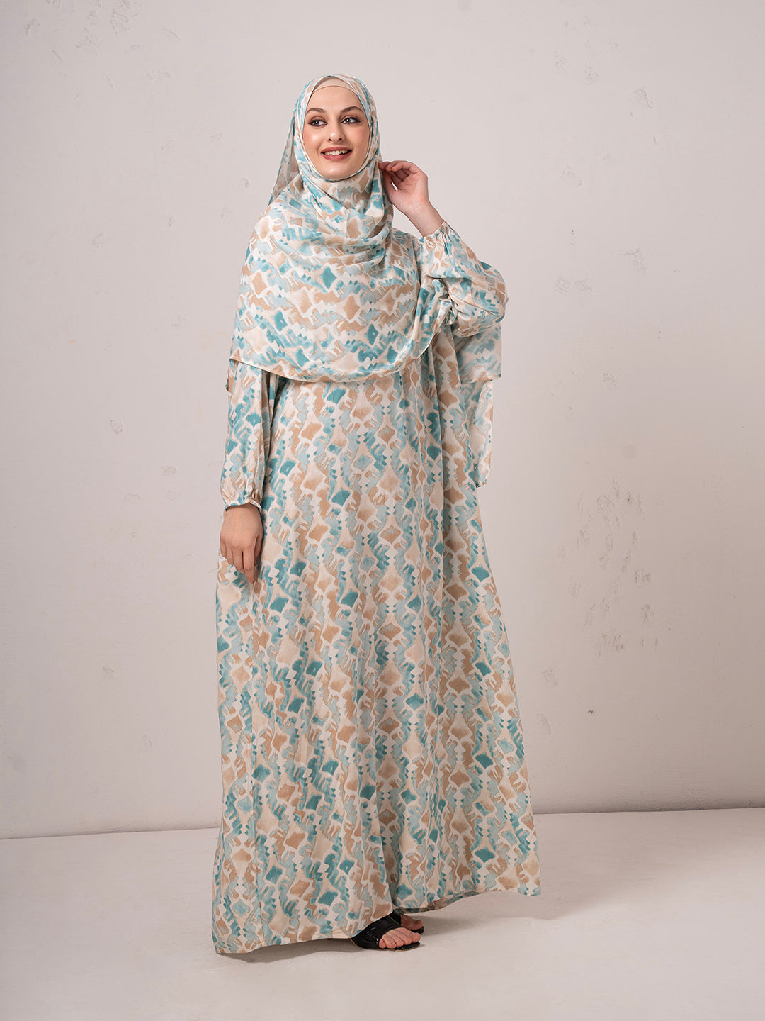 Modest Printed prayer gown cum Abaya  with Matching Headscarf – Teal & Beige