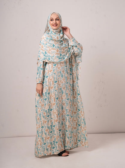 Modest Printed prayer gown cum Abaya  with Matching Headscarf – Teal & Beige