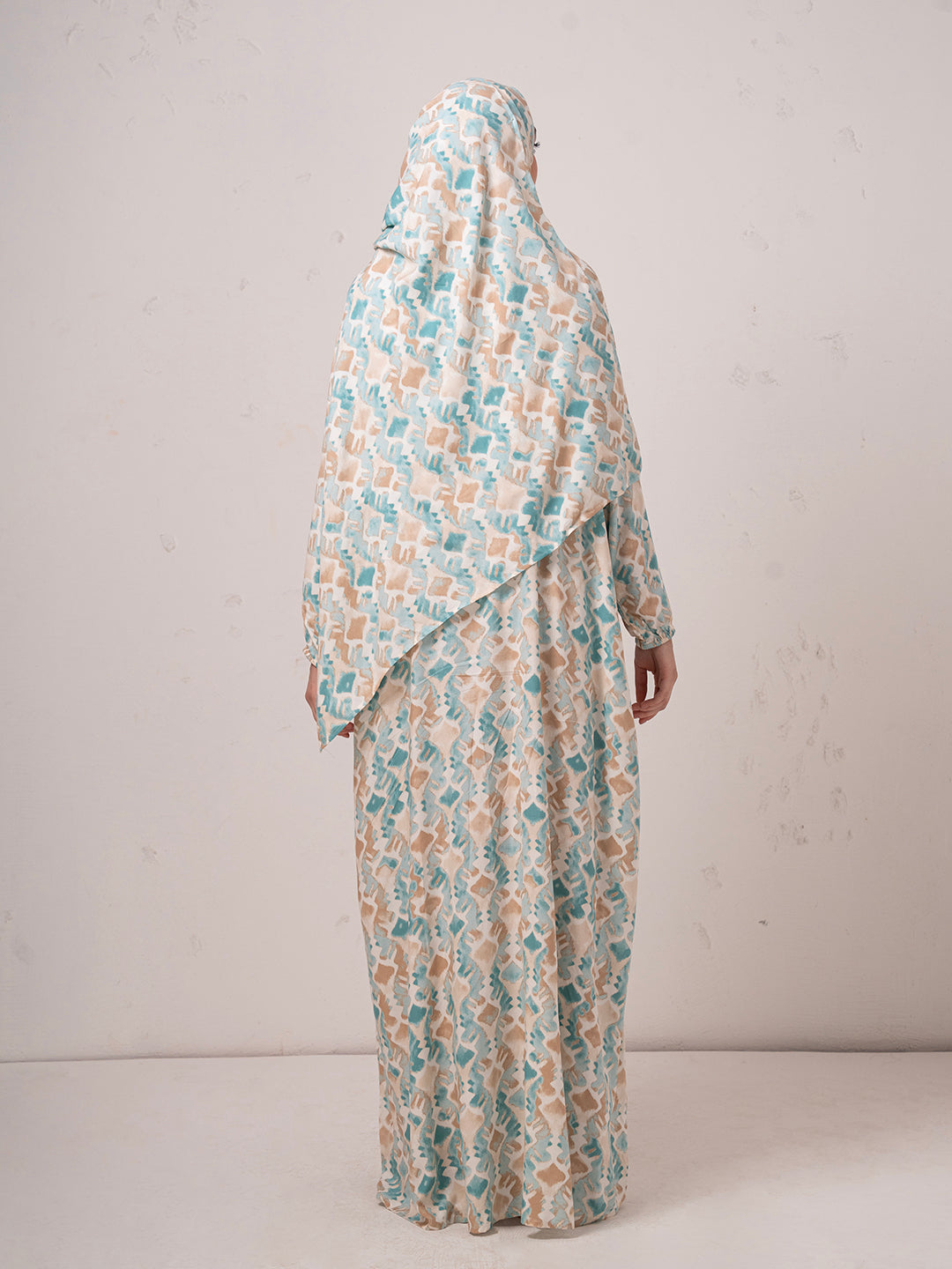 Modest Printed prayer gown cum Abaya  with Matching Headscarf – Teal & Beige