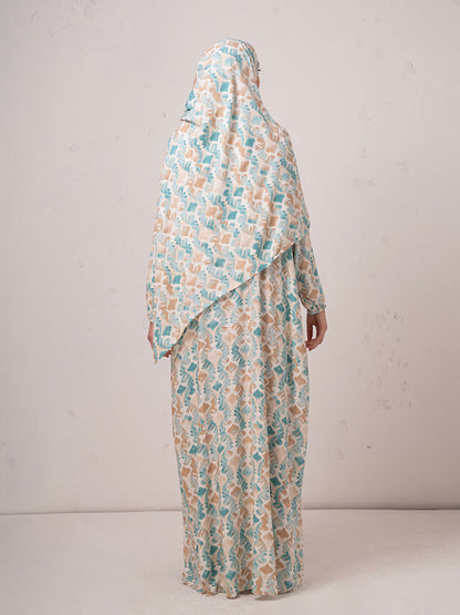 Modest Printed prayer gown cum Abaya  with Matching Headscarf – Teal & Beige