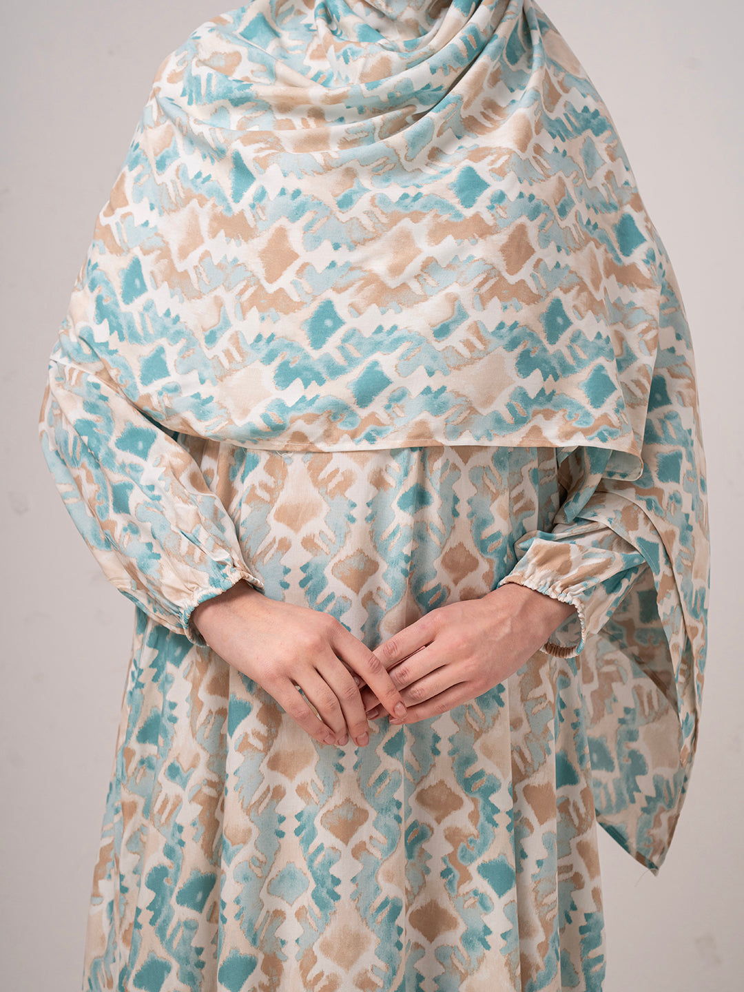 Modest Printed prayer gown cum Abaya  with Matching Headscarf – Teal & Beige