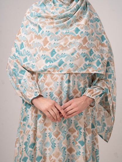 Modest Printed prayer gown cum Abaya  with Matching Headscarf – Teal & Beige