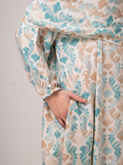 Modest Printed prayer gown cum Abaya  with Matching Headscarf – Teal & Beige