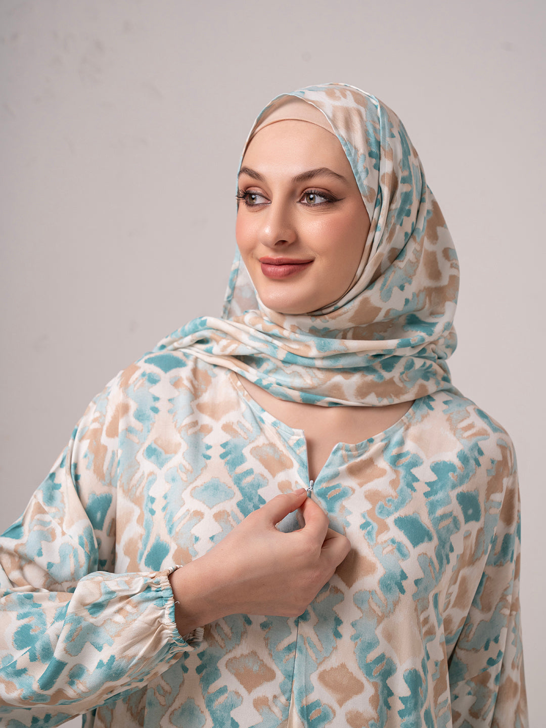 Modest Printed prayer gown cum Abaya  with Matching Headscarf – Teal & Beige