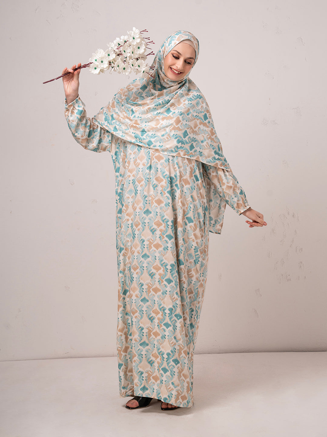 Modest Printed prayer gown cum Abaya  with Matching Headscarf – Teal & Beige