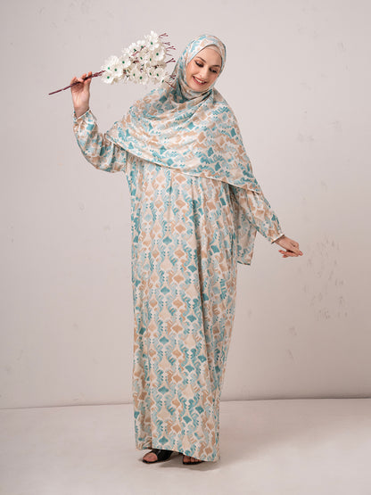 Modest Printed prayer gown cum Abaya  with Matching Headscarf – Teal & Beige