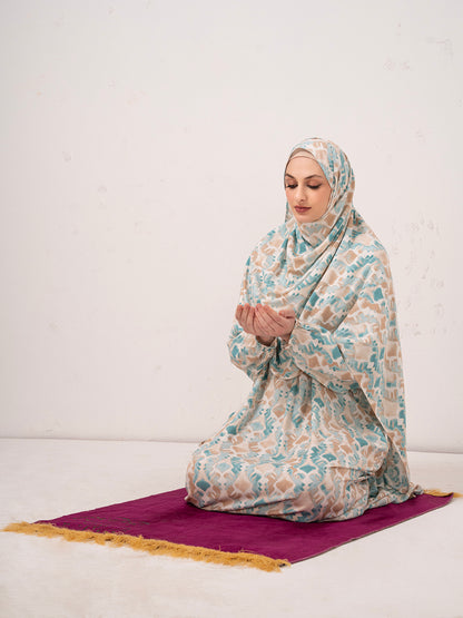 Modest Printed prayer gown cum Abaya  with Matching Headscarf – Teal & Beige