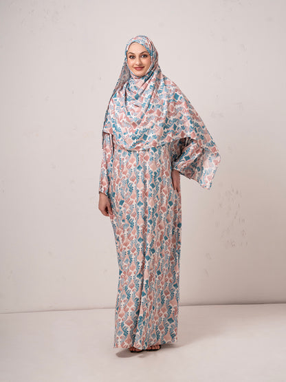 Blush & Teal Printed Modest Prayer Gown cum Abaya Set with Matching Headscarf