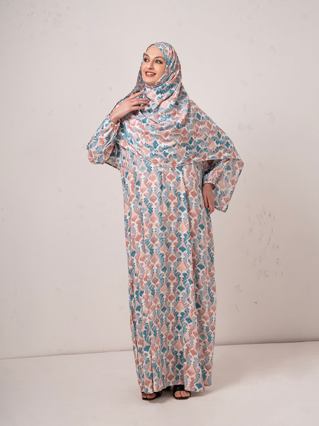 Blush & Teal Printed Modest Prayer Gown cum Abaya Set with Matching Headscarf