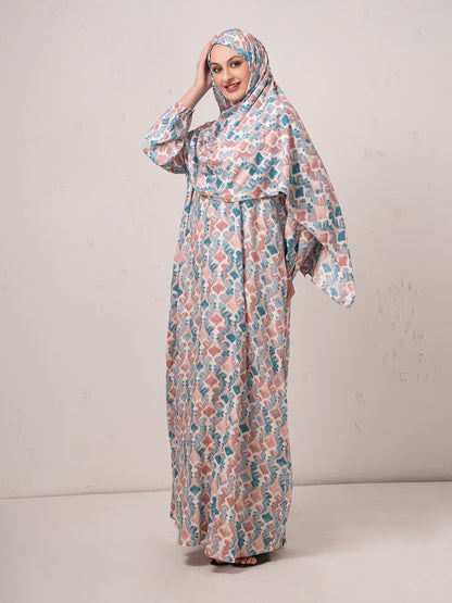 Blush & Teal Printed Modest Prayer Gown cum Abaya Set with Matching Headscarf