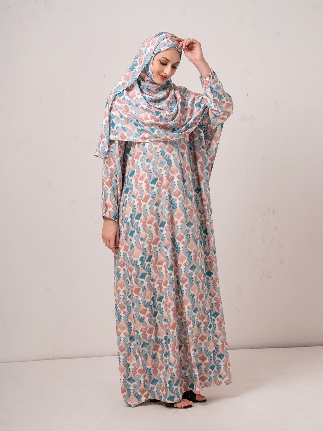 Blush & Teal Printed Modest Prayer Gown cum Abaya Set with Matching Headscarf