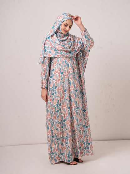 Blush & Teal Printed Modest Prayer Gown cum Abaya Set with Matching Headscarf
