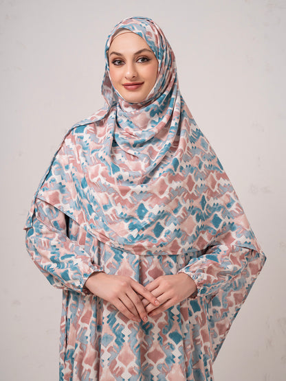 Blush & Teal Printed Modest Prayer Gown cum Abaya Set with Matching Headscarf