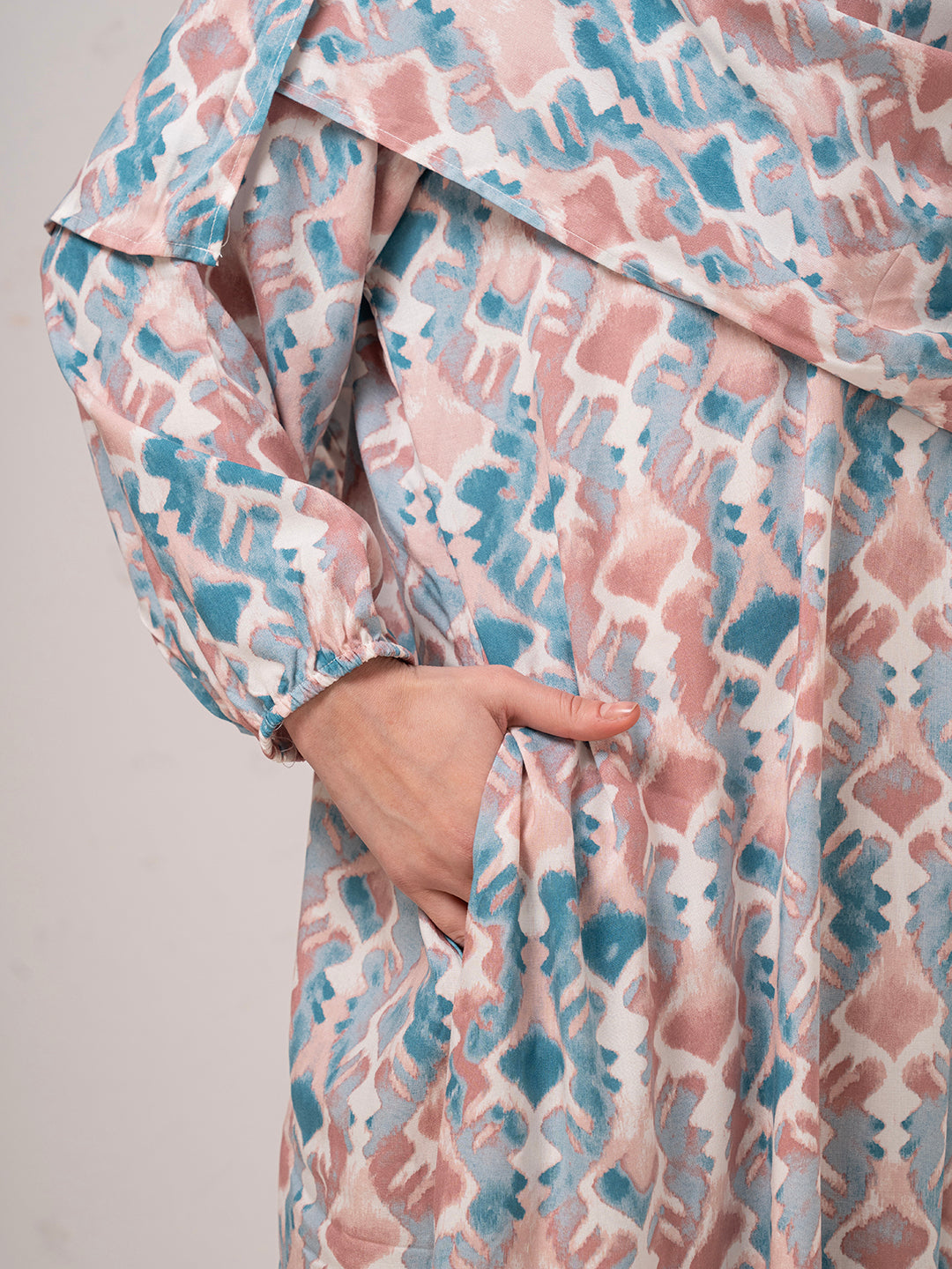 Blush & Teal Printed Modest Prayer Gown cum Abaya Set with Matching Headscarf