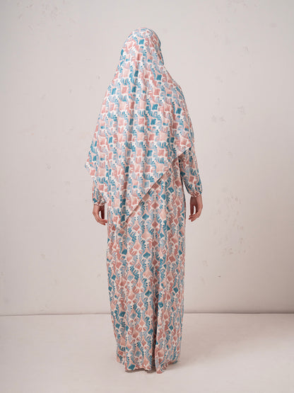Blush & Teal Printed Modest Prayer Gown cum Abaya Set with Matching Headscarf