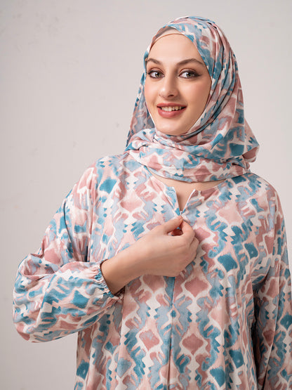 Blush & Teal Printed Modest Prayer Gown cum Abaya Set with Matching Headscarf