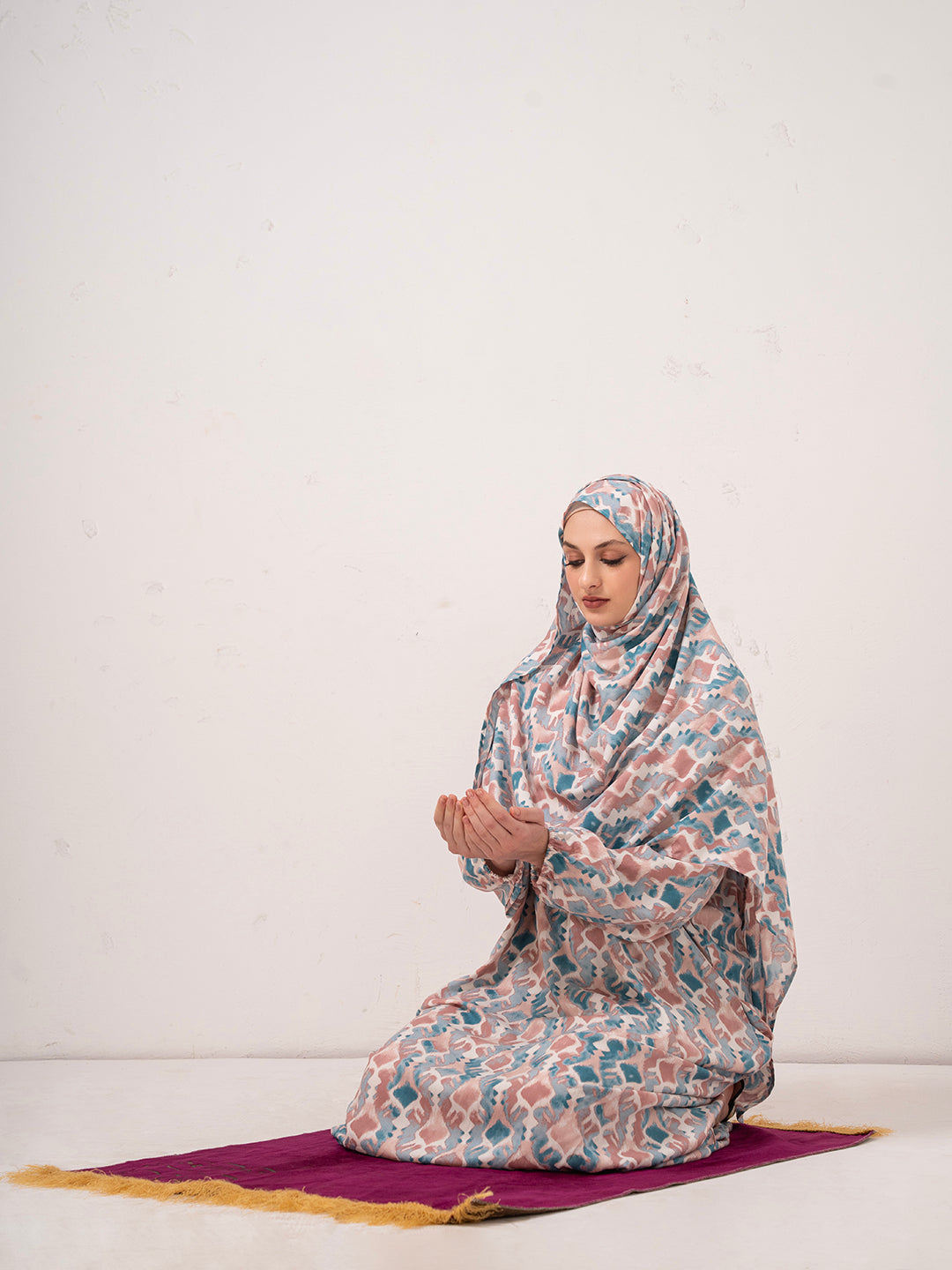 Blush & Teal Printed Modest Prayer Gown cum Abaya Set with Matching Headscarf