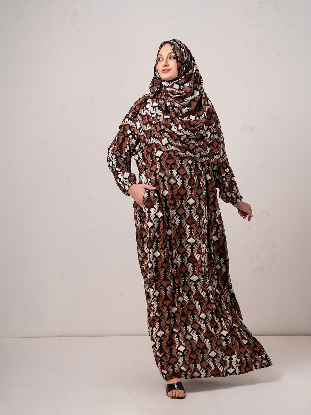 Earth-Tone Printed Modest Prayer Gown cum  Abaya Set with Matching Headscarf