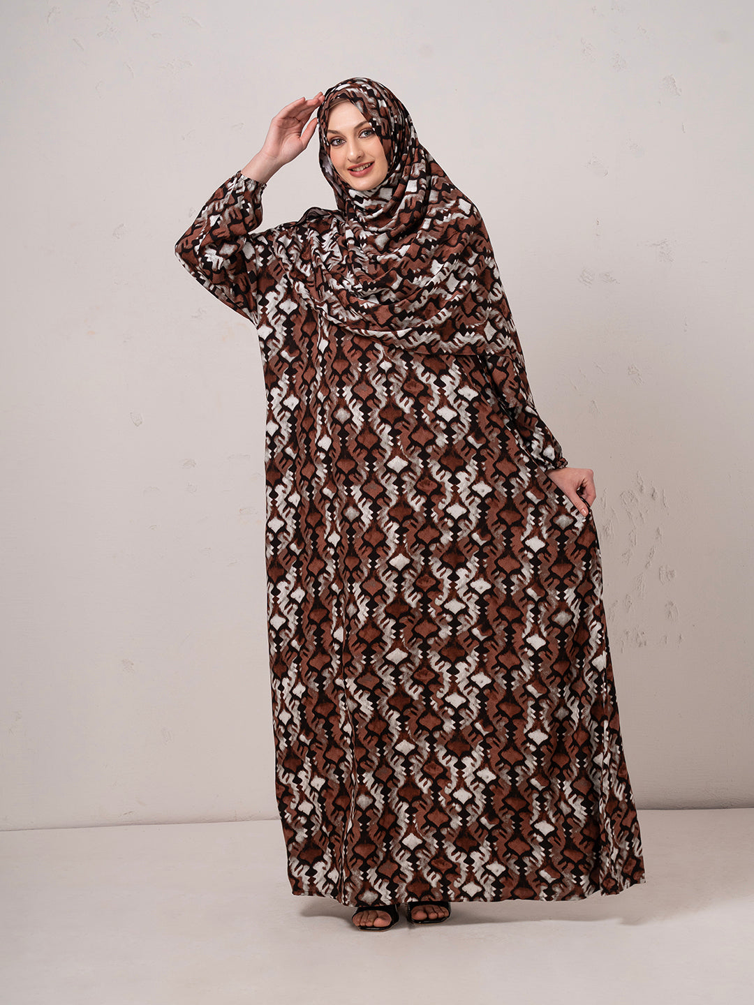 Earth-Tone Printed Modest Prayer Gown cum  Abaya Set with Matching Headscarf