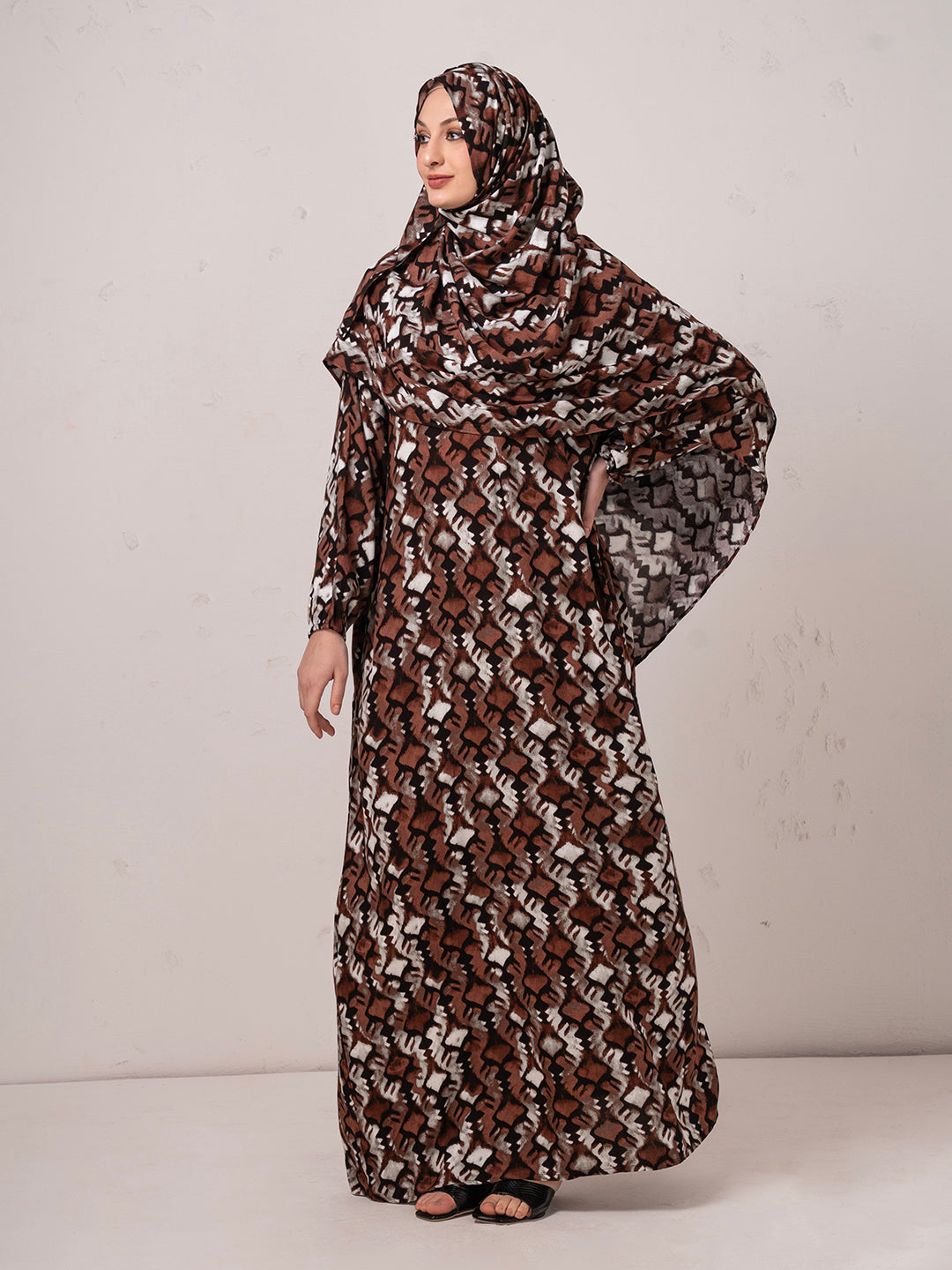 Earth-Tone Printed Modest Prayer Gown cum  Abaya Set with Matching Headscarf