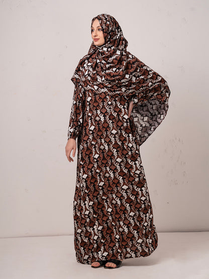 Earth-Tone Printed Modest Prayer Gown cum  Abaya Set with Matching Headscarf