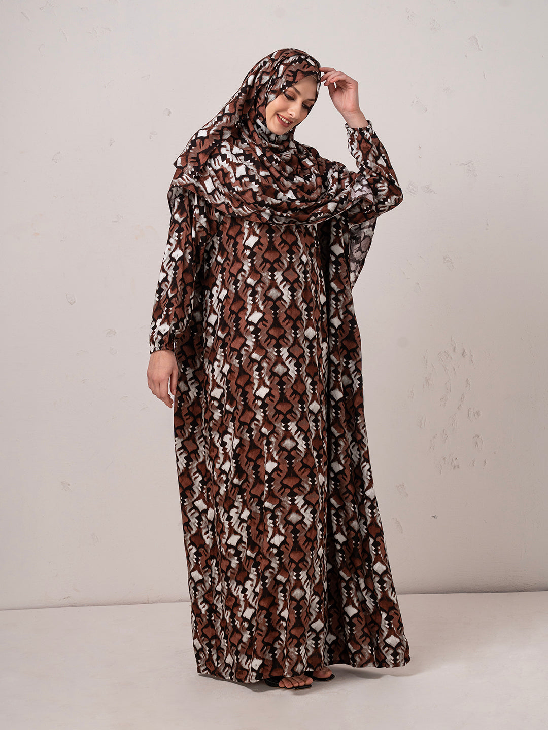 Earth-Tone Printed Modest Prayer Gown cum  Abaya Set with Matching Headscarf