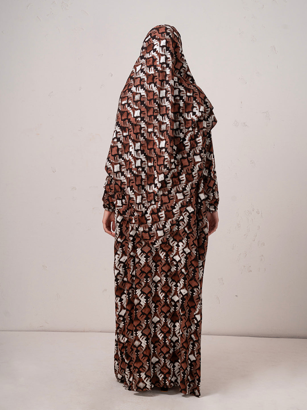 Earth-Tone Printed Modest Prayer Gown cum  Abaya Set with Matching Headscarf