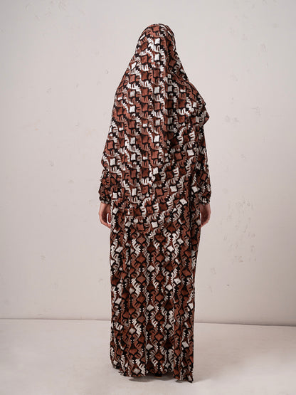 Earth-Tone Printed Modest Prayer Gown cum  Abaya Set with Matching Headscarf